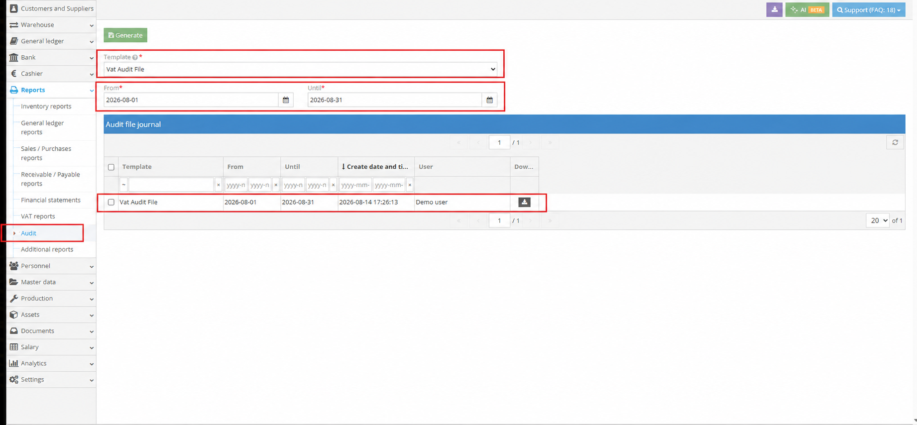 VAT Audit File Generation Page